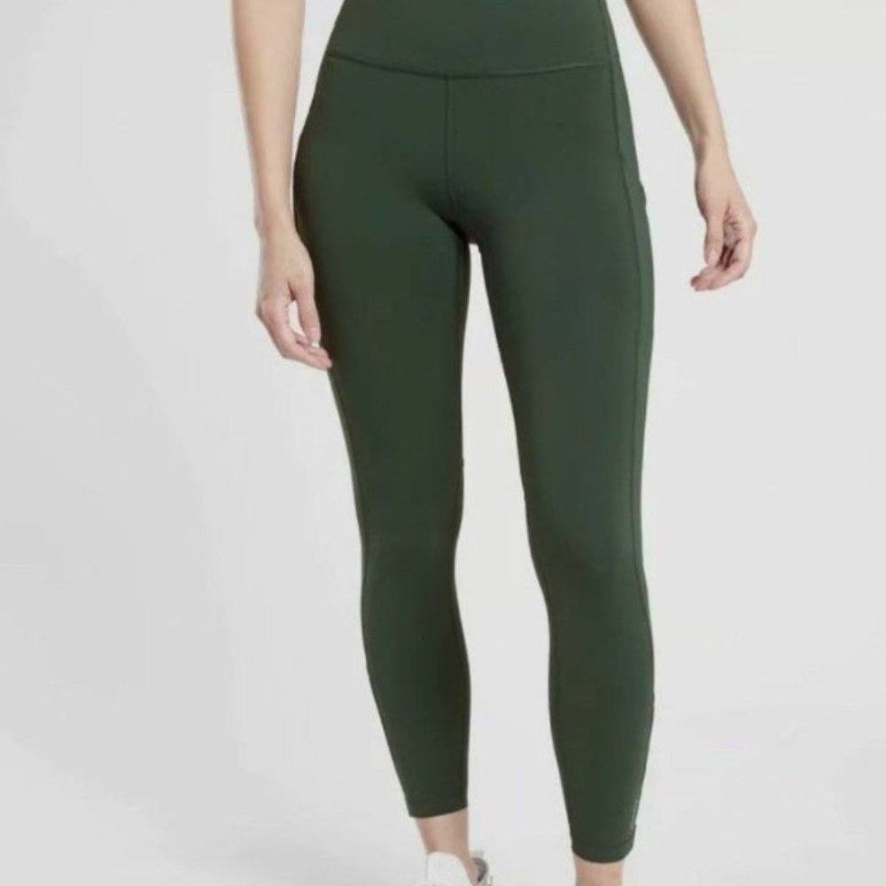 NEW ATHLETA Ultimate Run 7/8 Tights Green Zip Ankle Mesh Textured Side Pockets
